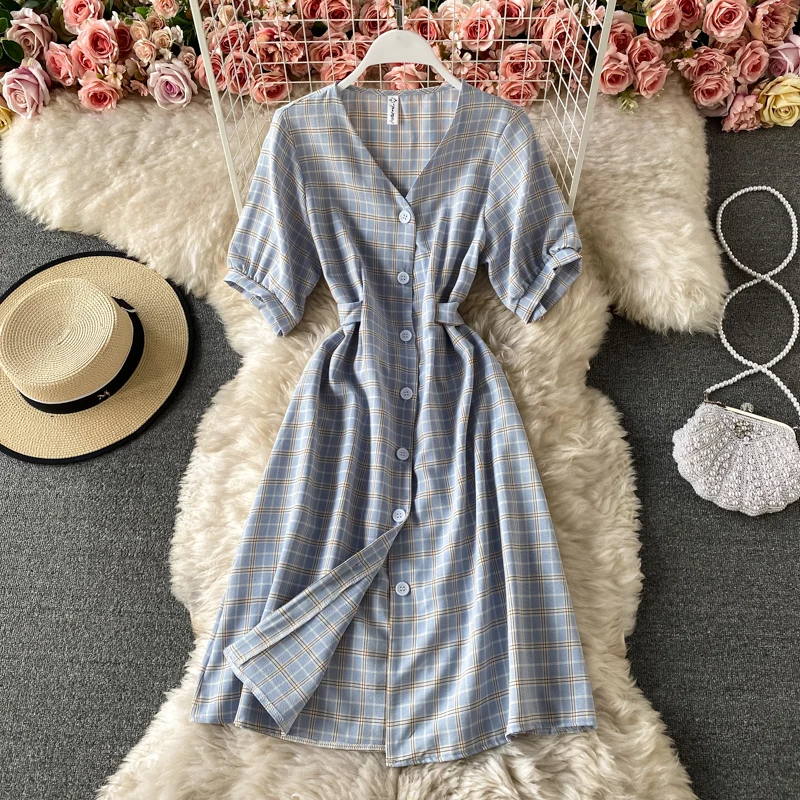 

JCHB 2021 Women's Dress Plaid Summer Dress Korean Fashion Dresses for Women Elegant Midi Dress Female Vestido De Mujer Pph3776