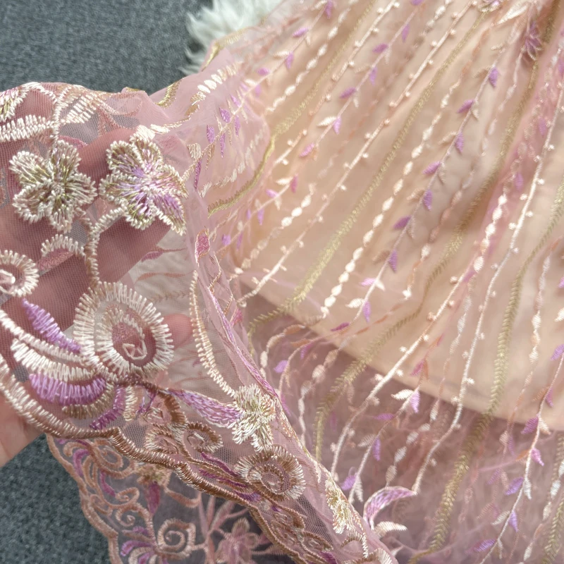 

Sweet Pink Embroidered Dress Women Elegant See Through High Waist Short Sleeve Party Vestidos Female Summer 2021 Fashion Robe