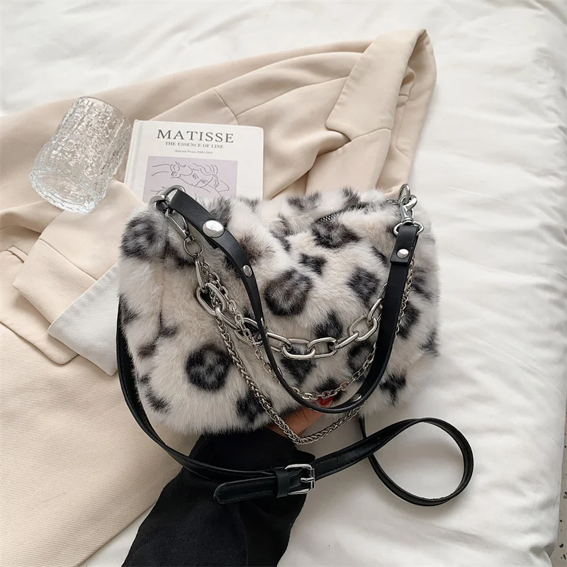

Winter Warm Plush Shoulder Bag Female Luxury Designer Fluffy Faux Fur Crossbody Bags for Women Leopard Chain Handbags and Purses