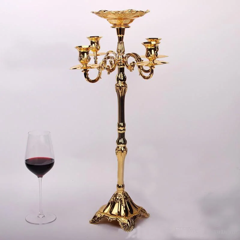 

Nice Gold plated flower bowl included candle stick floor candelabra 83cm tall metal candle holder wedding candelabrum