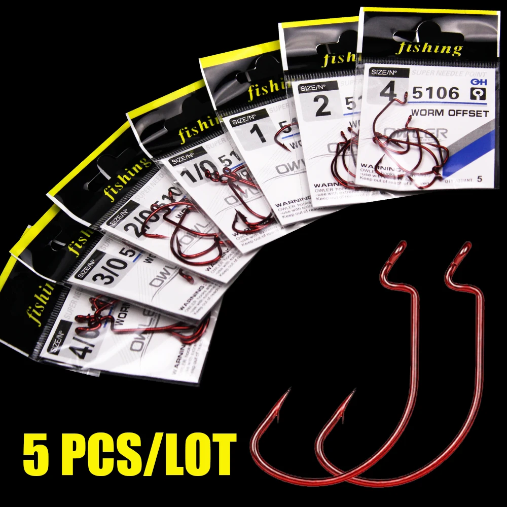 

5pcs/lot red eyes ringed off set worm hooks 5/0#-6# for tail bass carp