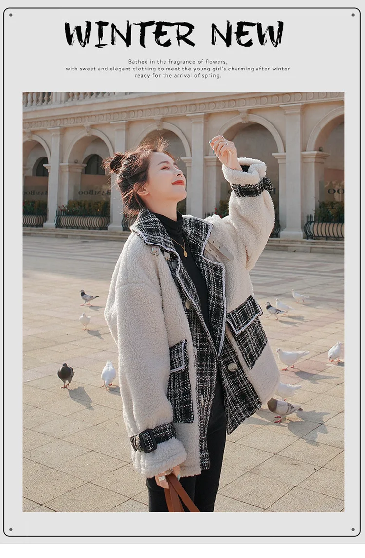 

Autumn 2021 Korean suit collar splicing lamb hair fragrant wind short coat temperament commuting high sense of women's jacket