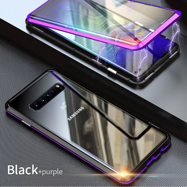 Магнитный чехол для samsung Galaxy S10 Plus, S10e, S9, S8, Note 9, 8, Полный Передний+ задний, 9 H, закаленное стекло, Магнитная пленка, чехол s, крышка - Цвет: Black Purple