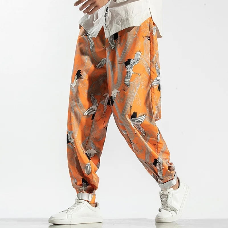 Штаны шаровары в китайском стиле с принтом журавль повседневные свободные