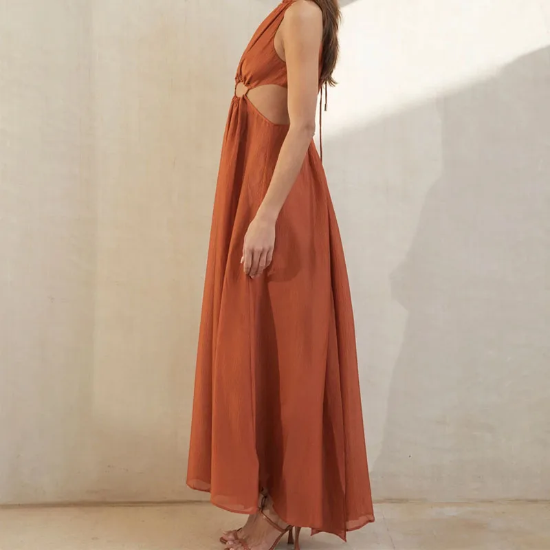 

Trendy Dresses Waist Hollow Out Women Sexy Deep V Neck Backless Celebrity Party Club Bandage Chest-Wrapped Long Slip Dress
