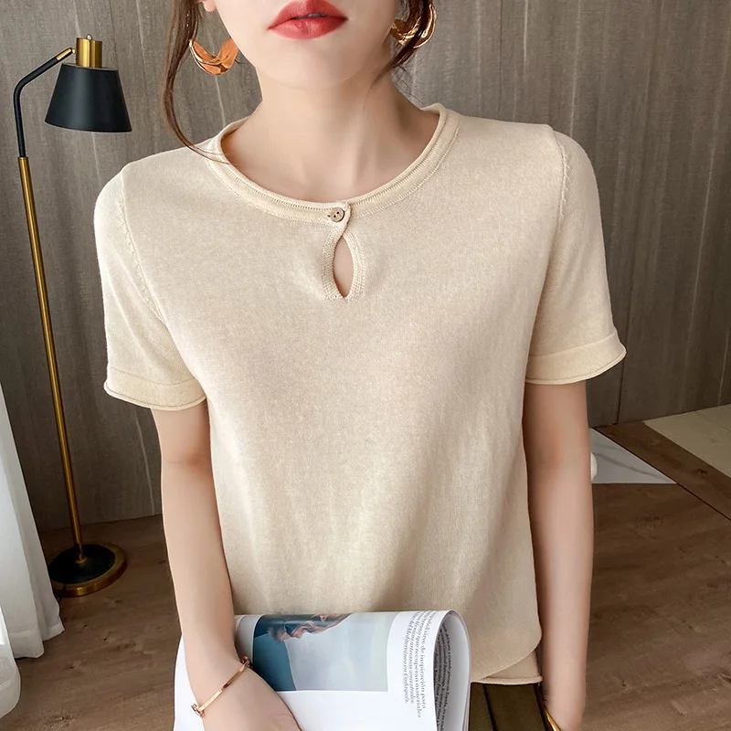 

2021 Summer New Pure Cotton Thread Women Short-Sleeved Round Tie Buckle T-Shirt Thin All-Match Loose Knitted Fashion Half Sleeve