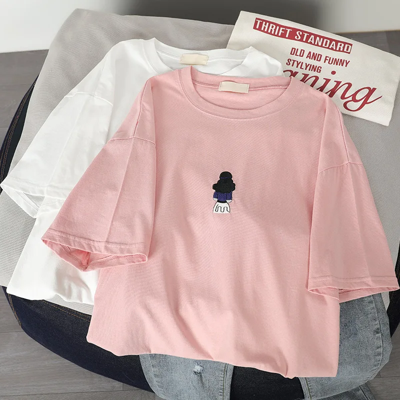 

Embroidery Cotton Short Sleeve T-shirt Women's Summer 2020 New Style Simple Ins Loose Casual Top Tees women tshirts L0551