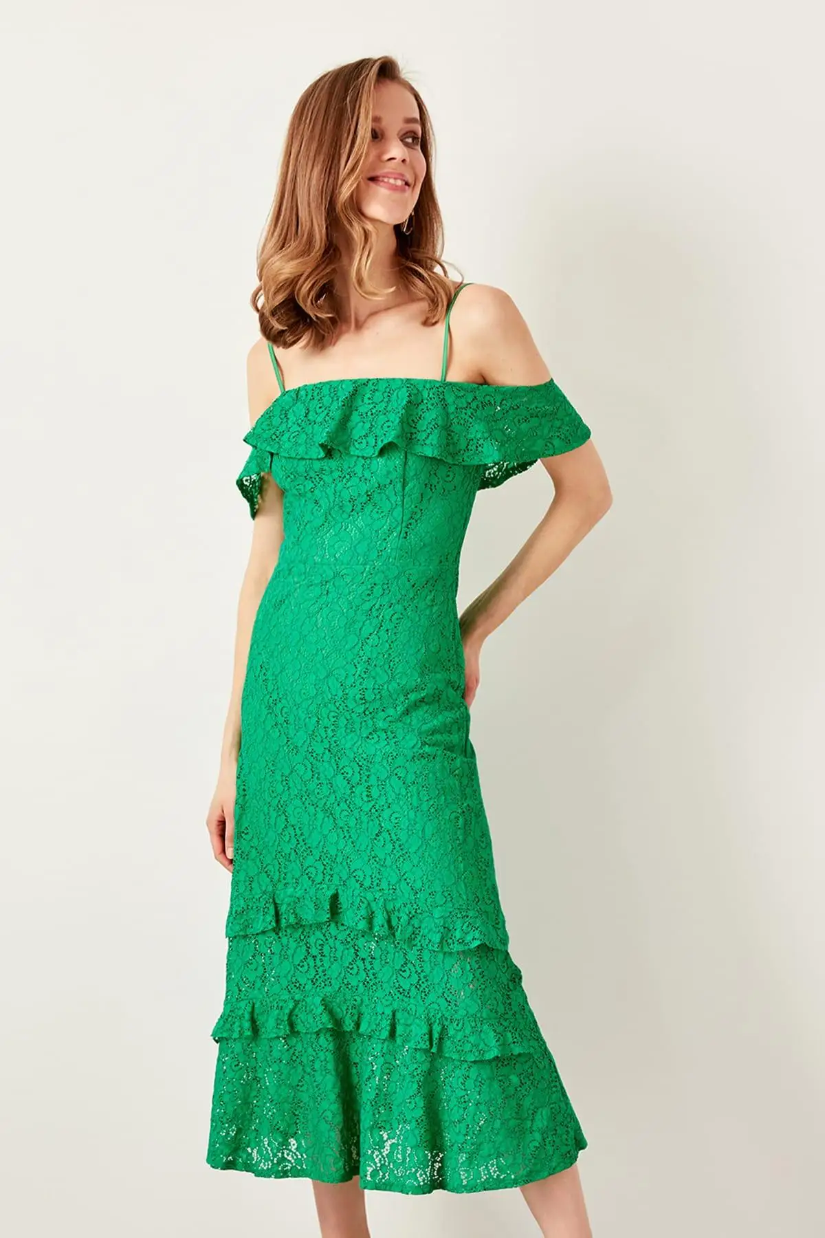 Trendyol зеленый тонкий Холтер Кружева платье TPRSS19BB0060 | Женская одежда