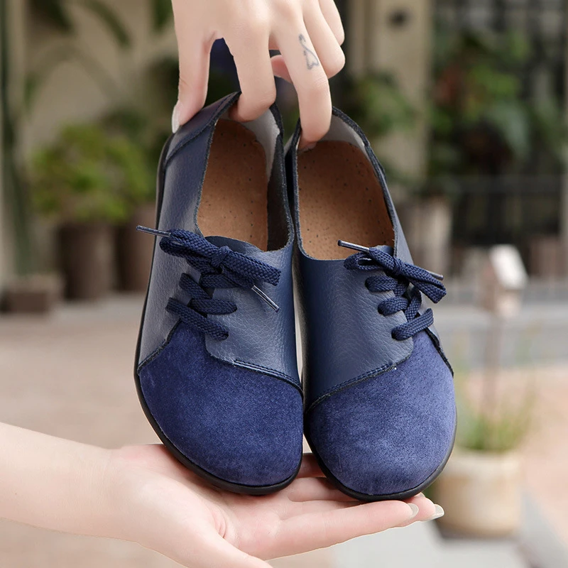 

Large Size Women Casual Loafers Soft Lightweight Splicing Leather Lace Up Flats Loafers Shoes J55