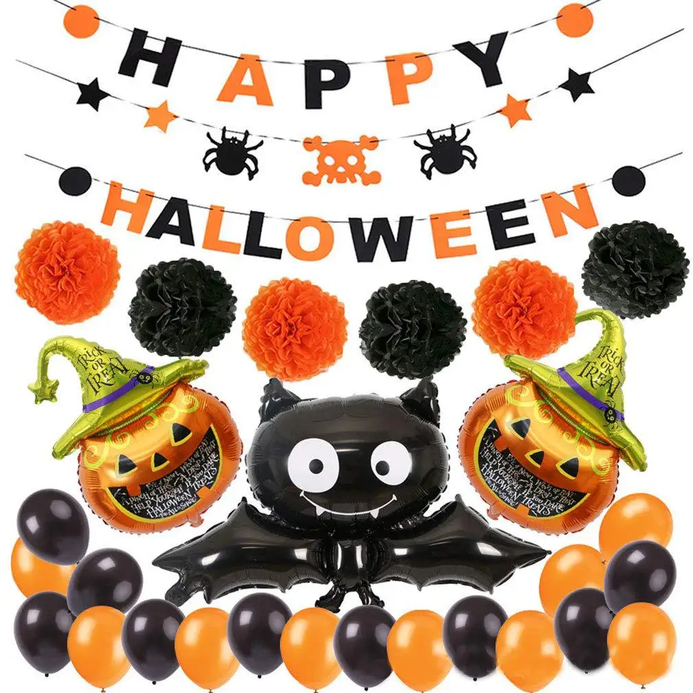 

Halloween Decoration Letter Flag Panner Bat Pumpkin Aluminum Film Balloon Paper Pull Flower Balloons Set Accessories
