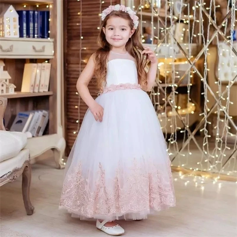 

Белое Тюлевое платье с цветочным принтом для девочки на свадьбу с розовым кружевом Вечернее платье с круглым вырезом и открытой спиной Проз...