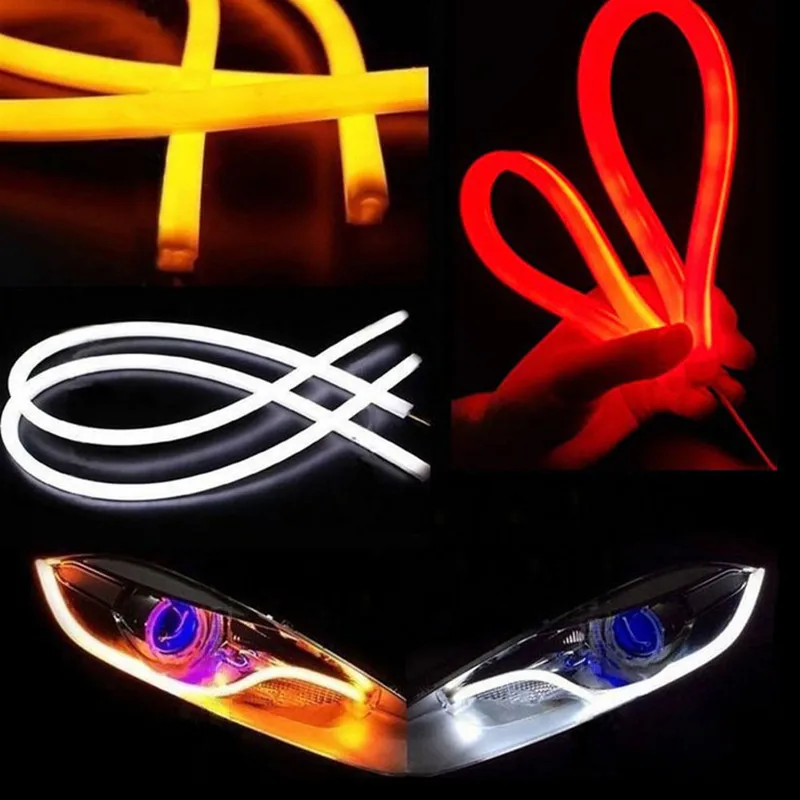 

2pcs 60cm Flowing Angel Eyes DRL Flexible LED Tube Strip White Amber Daytime Running Light Tear Turn Signal Car Styling