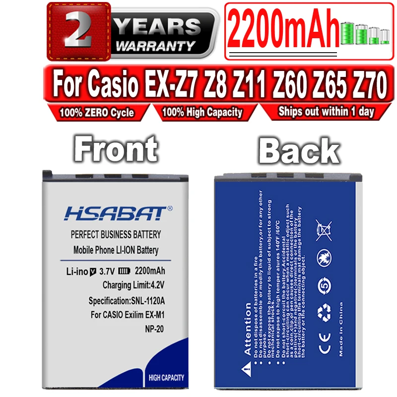Аккумулятор HSABAT для фотоаппарата 2200 мАч CASIO Exilim NP-20 M2 Z3 Z4 S1 S2 S3 S4 S100 Z8 Z40 Z65 z70 Z75 S20 s770 |