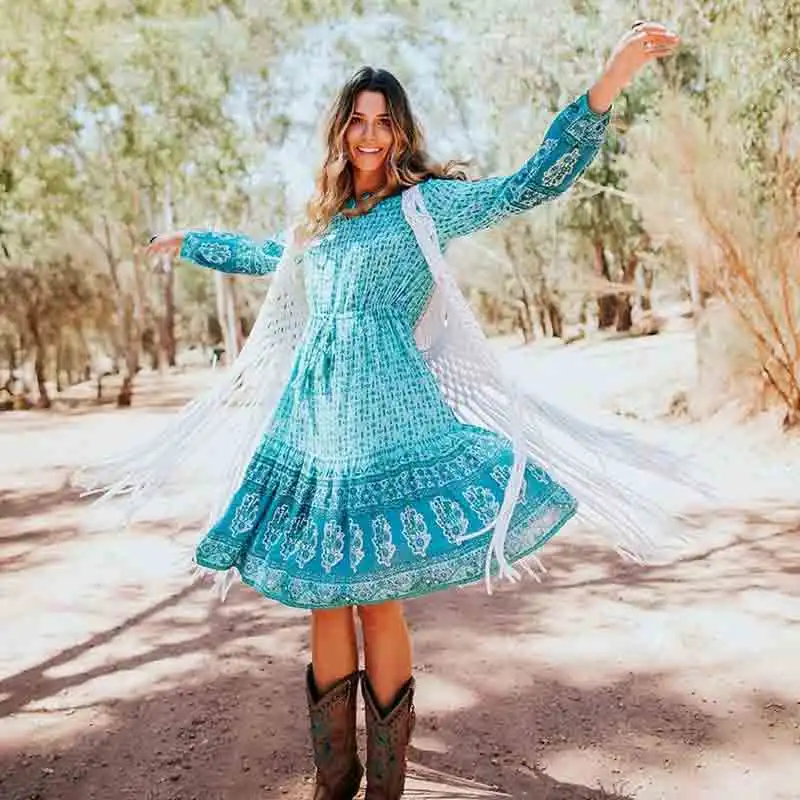 GypsyLady платье миди с цветочным принтом женские синие осенние платья кисточкой поясом на талии длинным