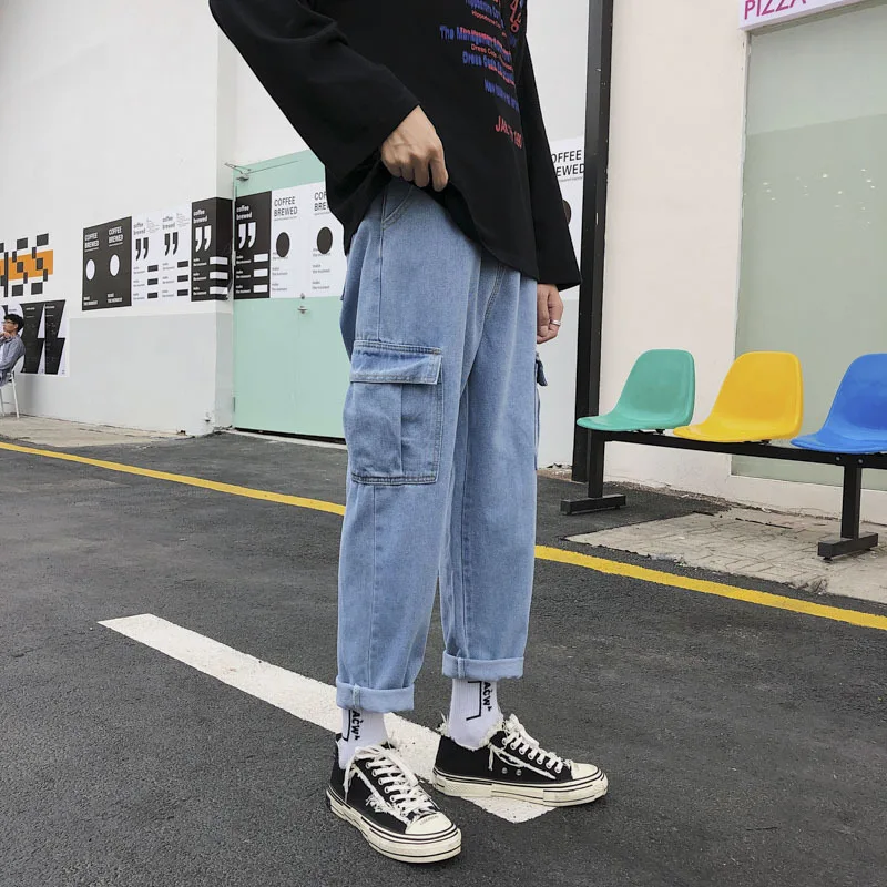 

Man Casual Cargo Jeans Loose Straight Big Pockets Denim Pants Male Hiphop Casual High Quality Personal Trousers