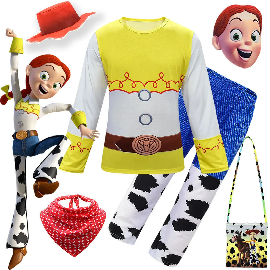 HOT Saleing Toy Story 4 Jessi Cosplay Costume Woody Cowboy Costume Top-shirt Pants Hat bag Accessories Halloween Custom Made6pcs