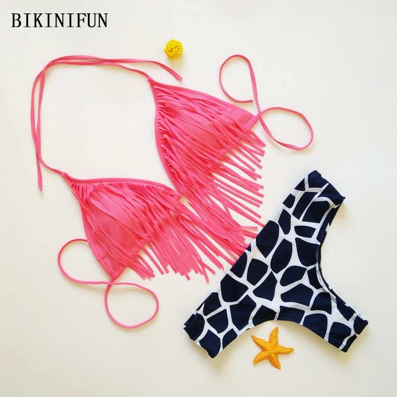 

New Sexy Leopard Print Bikini Women Swimsuit Fringe Tassel Bathing Suit S-L Girl Backless Halter Swimwear Micro Bikini Set