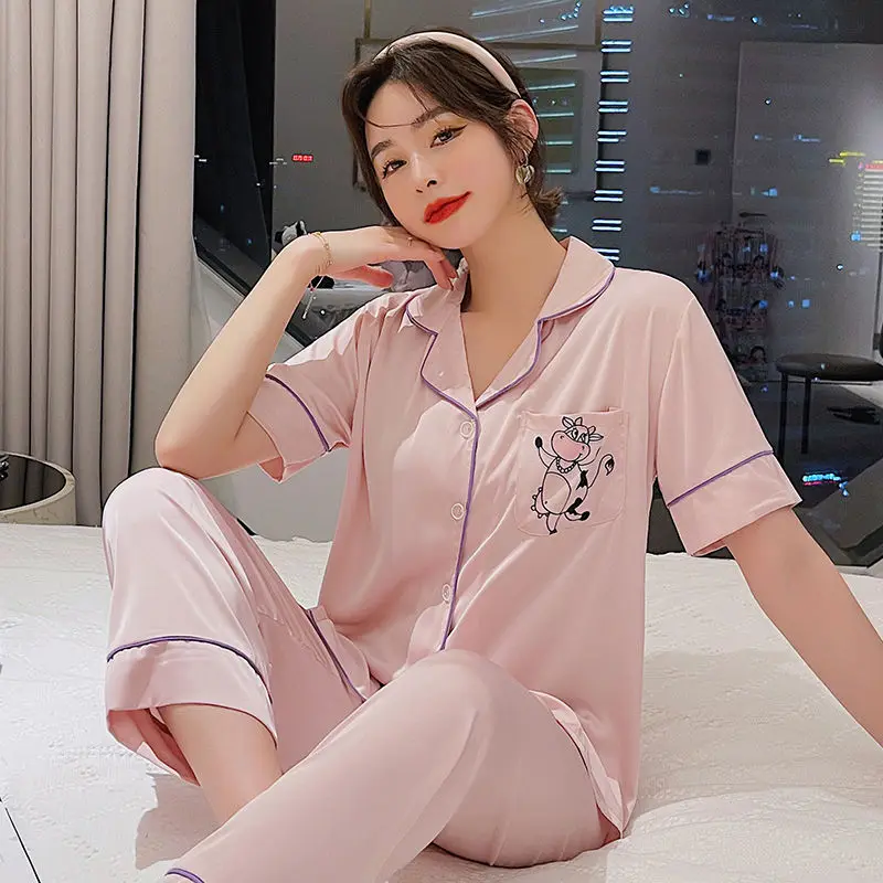 Women's pajamas ice silk summer short sleeve cartoon love calf cute and fresh home dress can be worn over the printed suit