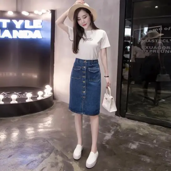 Юбка на талии размера плюс с карманами пуговицах Классическая джинсовая юбка для