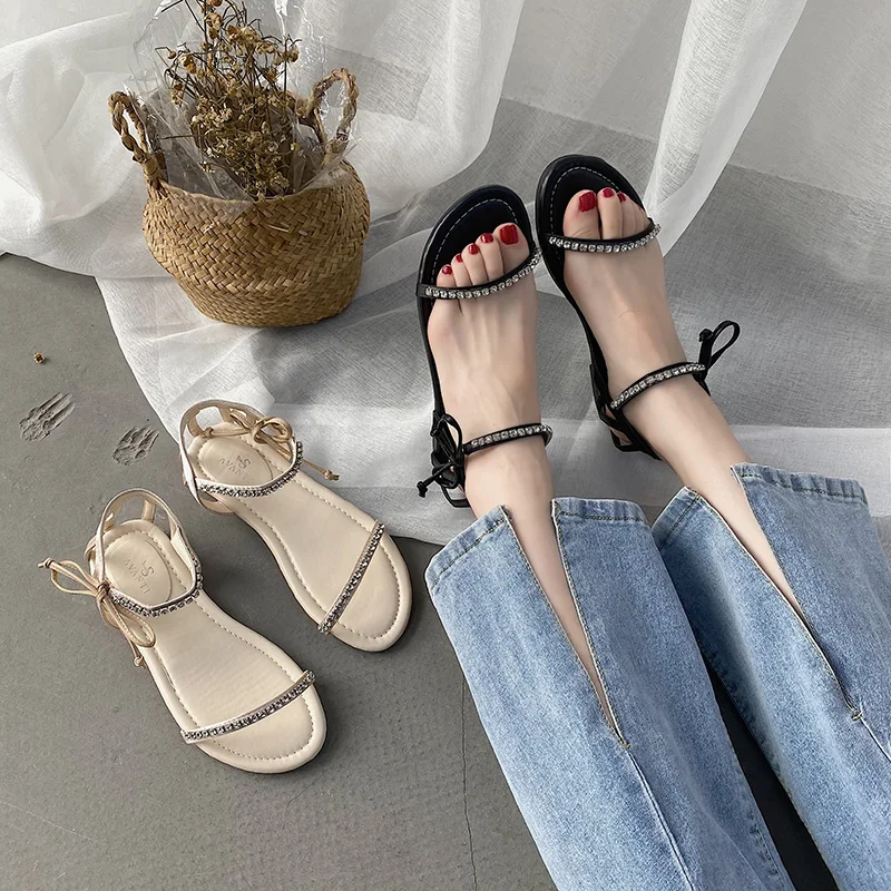 

Low Sandals Woman Leather Female Shoe Strappy Heels Med 2021 Summer All-Match Low-heeled Comfort Girls New Lace Up Fashion Medi