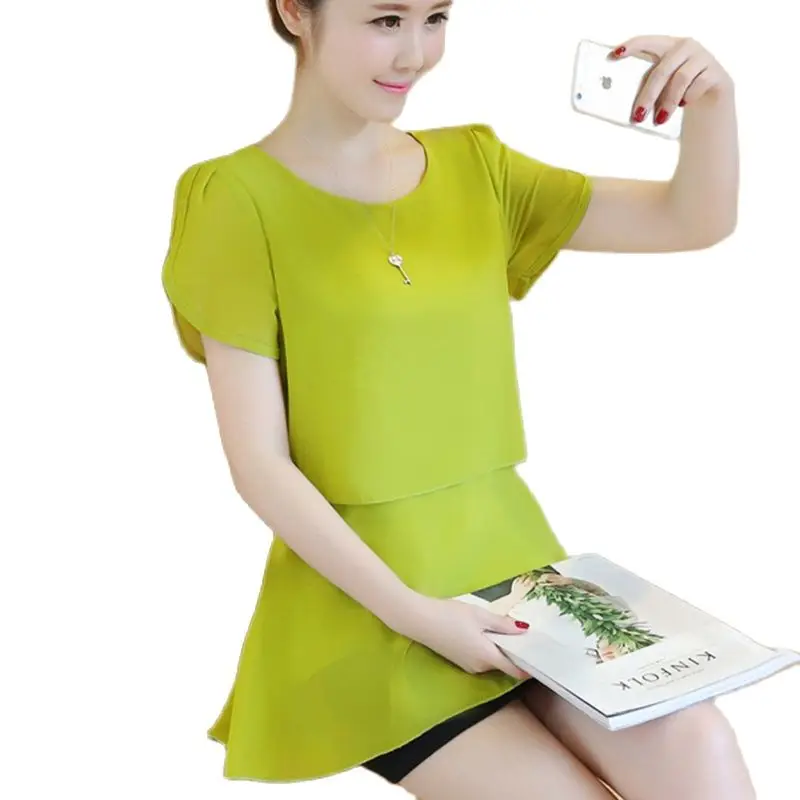Блузка женская шифоновая с коротким рукавом и круглым вырезом размеры до 5XL |