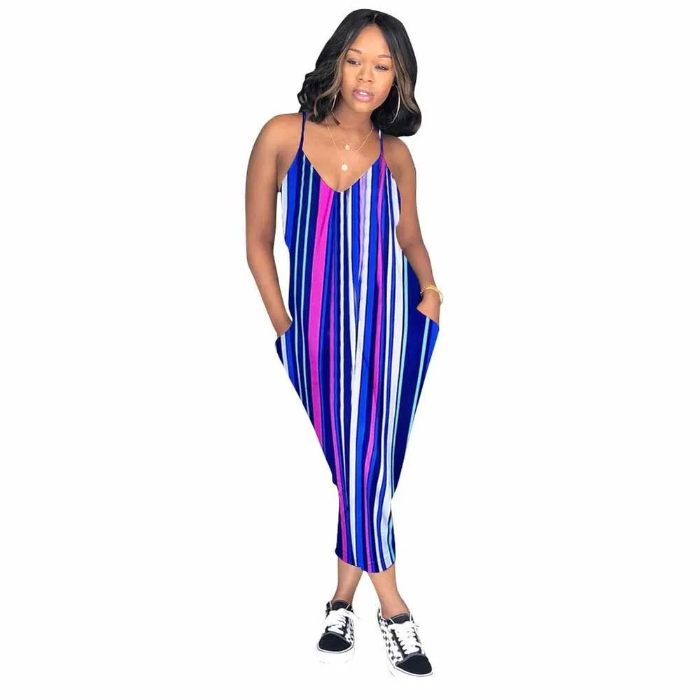 

Vertical Striped Print Summer Bodysuit for Women Spaghetti Strap Sleeveless Skinny Romper Deep V Neck Backless One Piece Overall