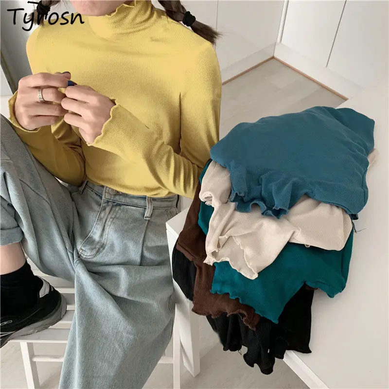 

Women Turtleneck T-shirts Fungus Line Fashion Long Sleeve Bottoming Tops Korean Style Slender Elegant Leisure Ulzzang Autumn Ins