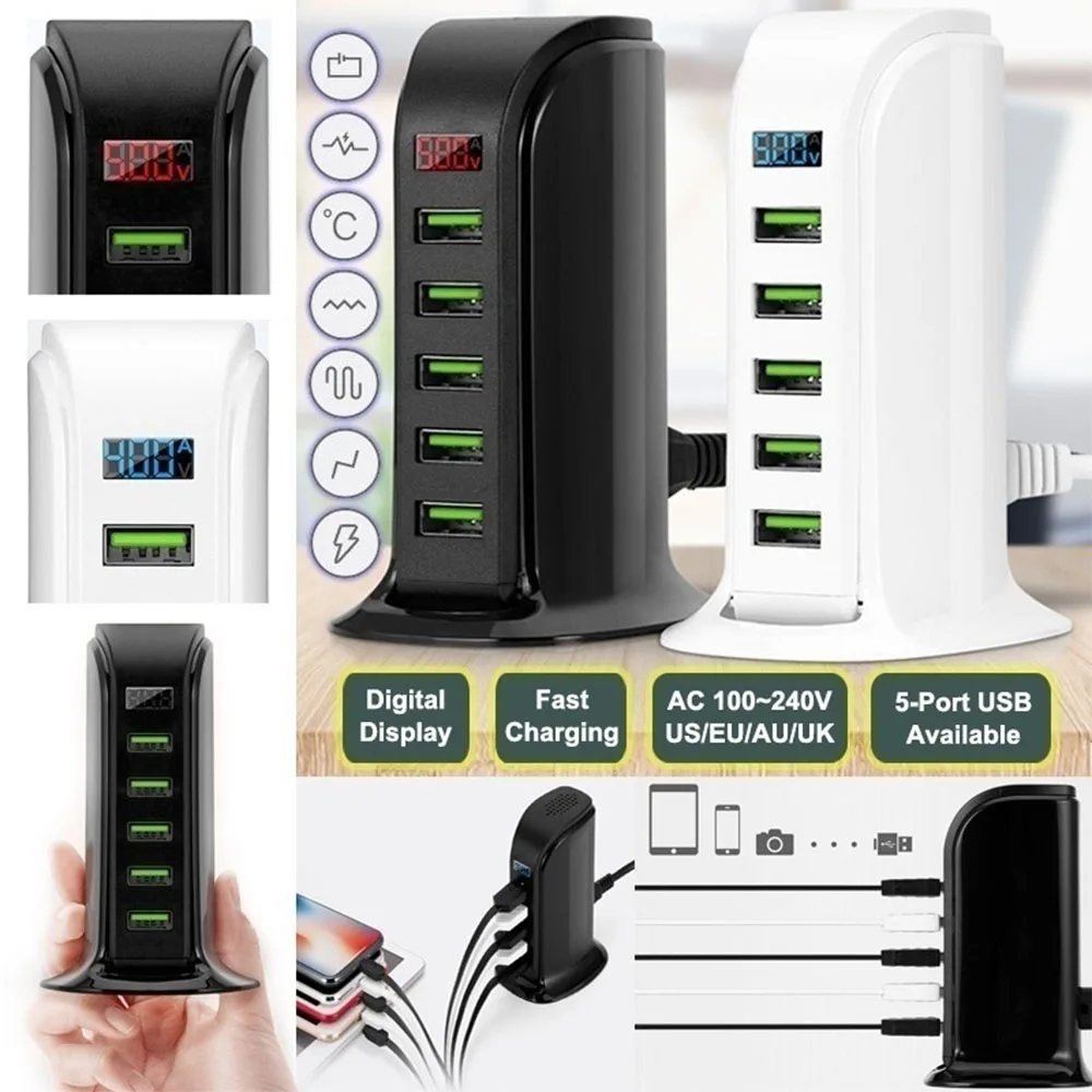 

Portable 5-Port US EU Plug Support Multiple People USB Charger Digital Display Desktop Fast Charging Station For iPhone Samsung