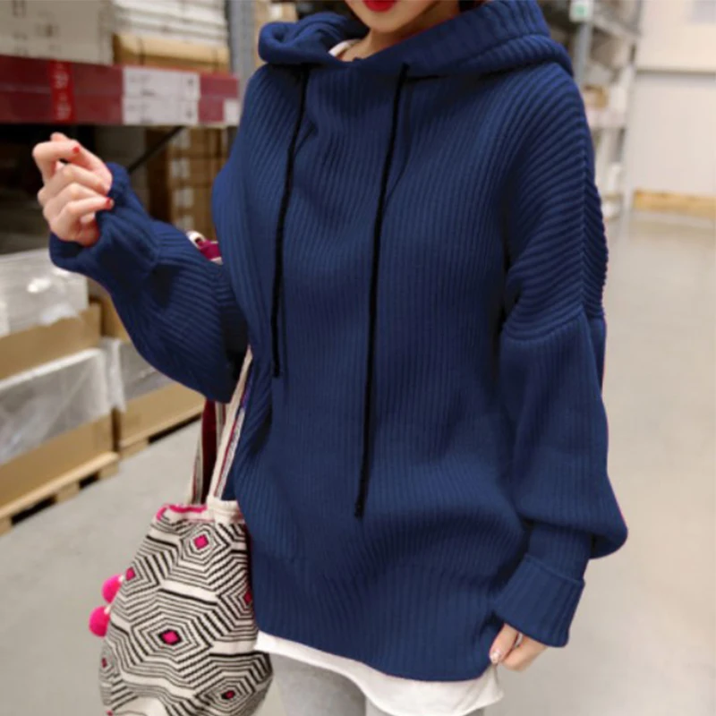 

Autumn Winter Solid Color Women Stweaters One Size Long Sleeve Bandage Hooded Tops Loose Casual Warm Ladies Pullover Clothes