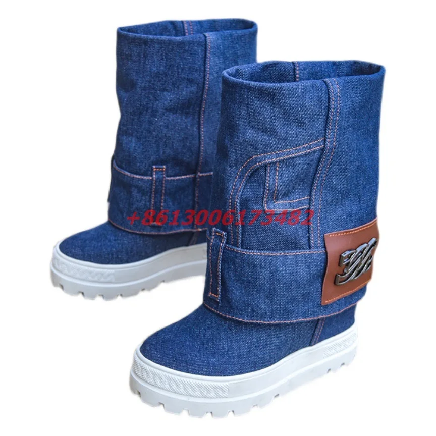 Женские джинсовые ботильоны на платформе синие ботинки средней длины толстой