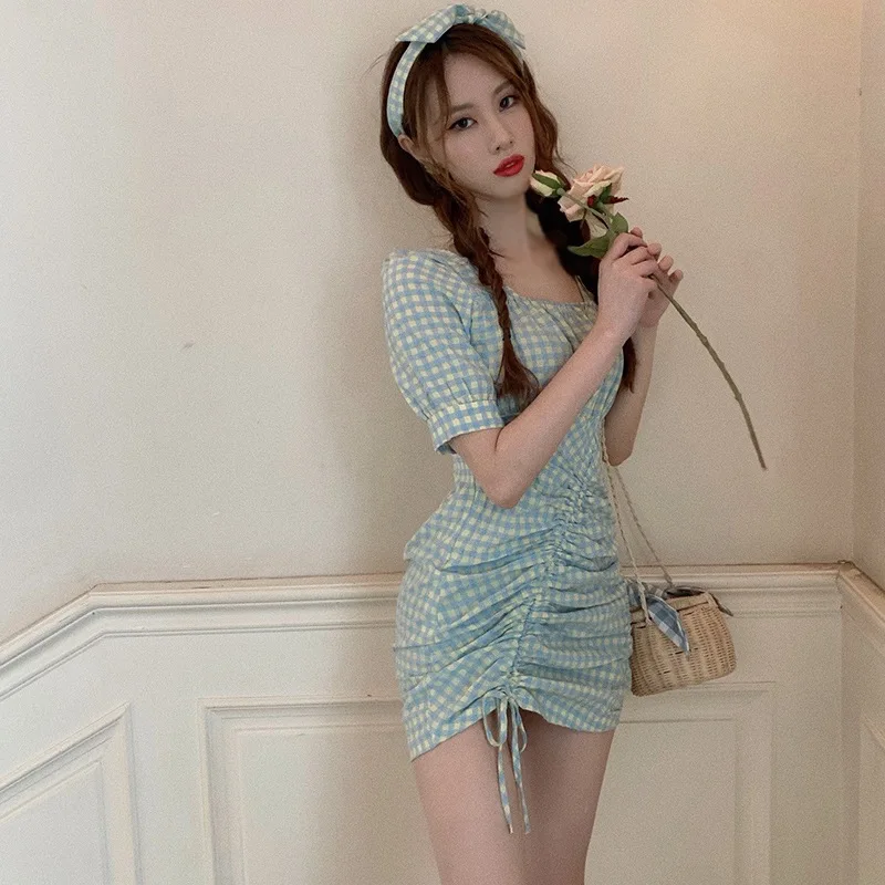

DAXIN Square Collar Plaid Puff Sleeve Dress Bag Hip Summer Waist Short Women Korean Style Sweet Vestidos Femme vestido de mujer