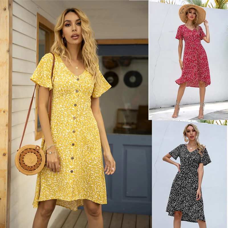 

Summer Short Sleeve A-line Midi Dress Woman Single Row Buttons V-Neck Printed Irregular Dress Female Red Chiffon Dress vestido