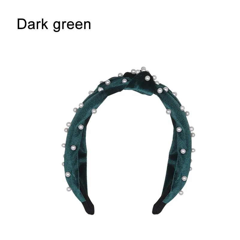 dark green 1 В богемном стиле однотонные Цвет мягкий бархат центр узел широкая лента для волос с жемчугом завязанная повязка на волосы Индивидуальные Женские аксессуары для волос - Цвет: dark green 1
