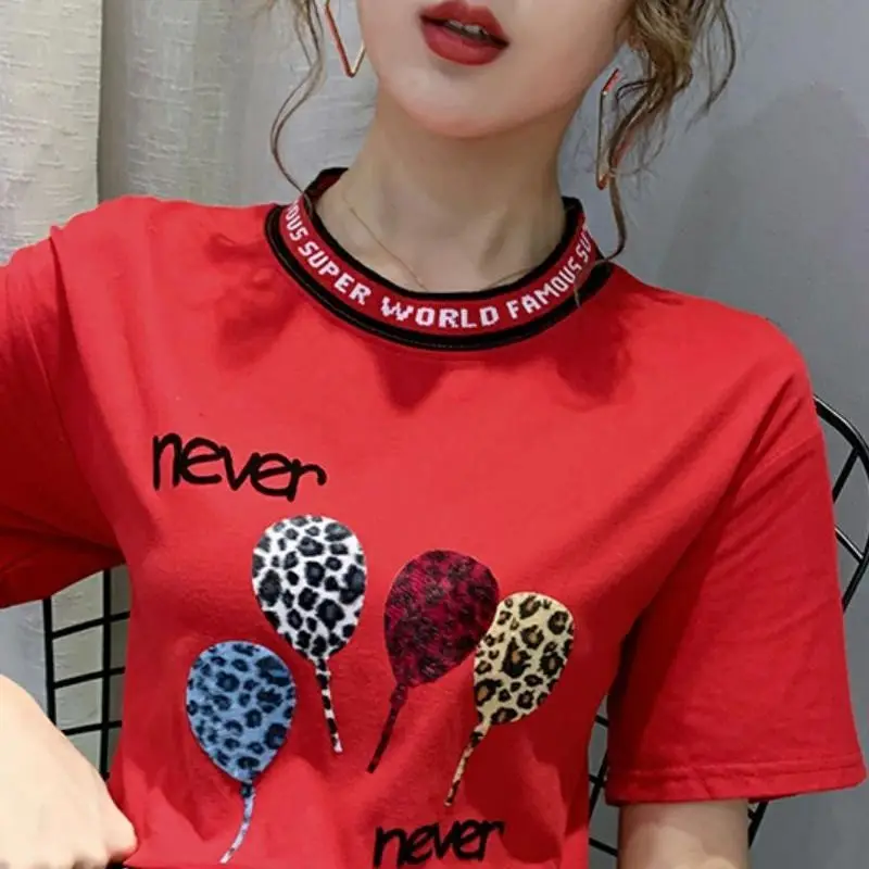 

100% COTTON 2021 summer Korean edition simple loose short-sleeved jacket printed round collar thin short-sleeved t-shirt women's