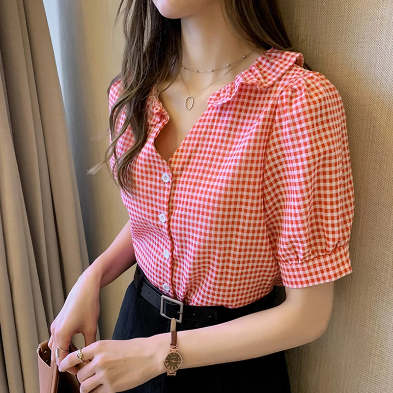 

2021 Summer Shirts Women Plaid Blouses Short Sleeve Ruffled Collar Tops Casual Clothing Female Blusas Loose 4XL #H34