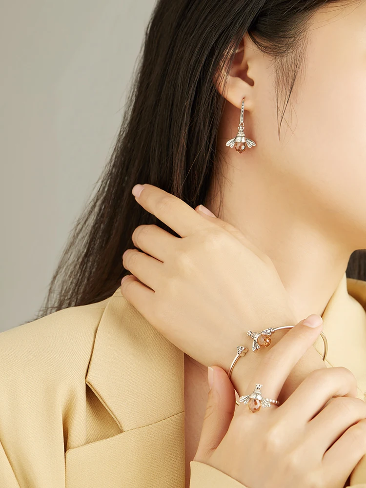 

LEKANI Real Sterling Silver 925 Jewelry Sets Cute Orange Crystal Bee Vintage Earrings Bangles Rings For Women Anniversary Gift