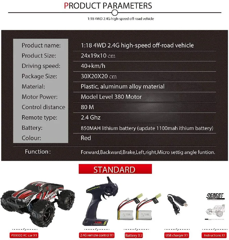 

9300 Remote Control Car Terrain Electric Off Road Truck 1:18 Scale 2.4Ghz Radio 4WD Fast 30+ MPH RC Vehicle