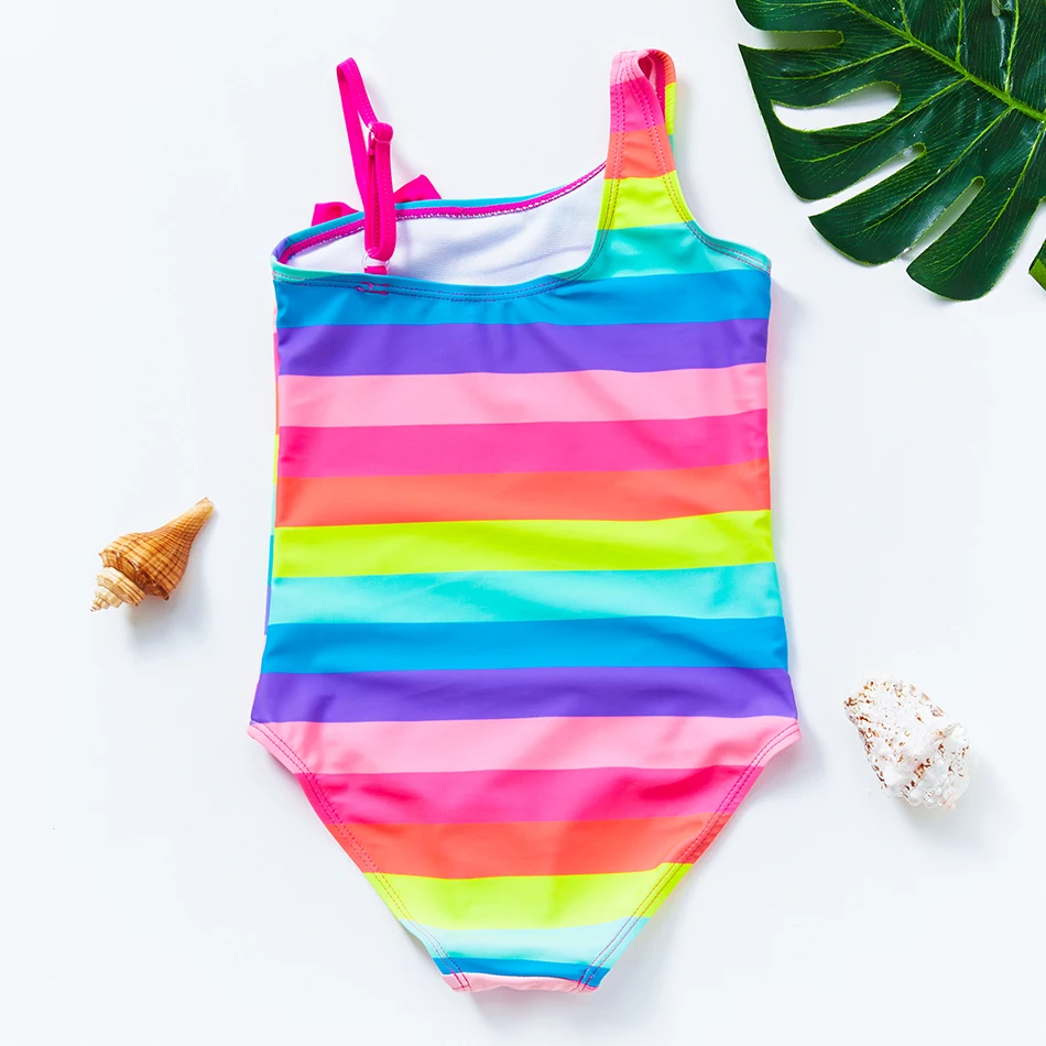 2021 Girls Swimsuit One Piece Oblique Shouldered 5-14years Striped Swimwear For Children With Bow | Спорт и развлечения