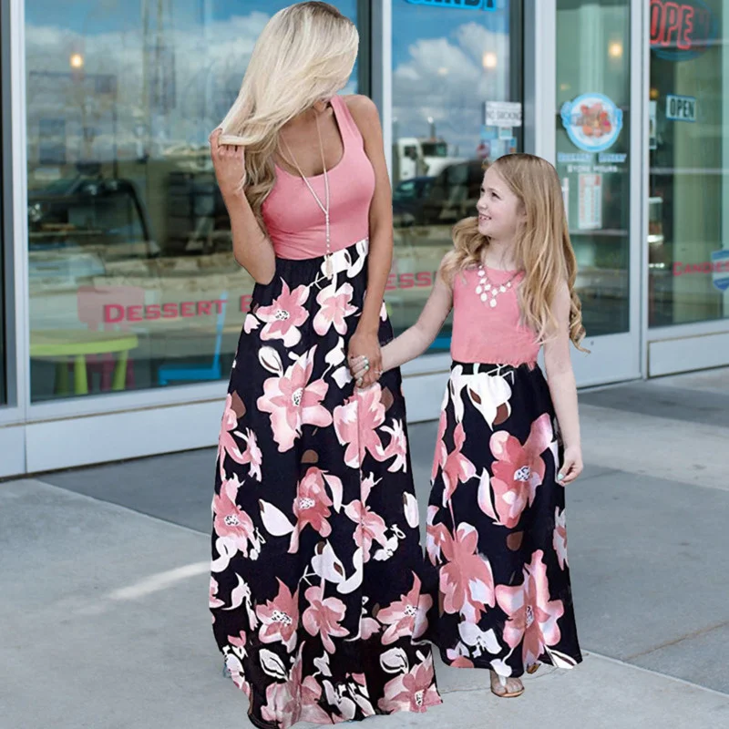 

2021 New Summer Patchwork Floral Long Maxi Dresses For Women Family Matching Mom And Me Mother Daughter Tank Dress Girls Clothes