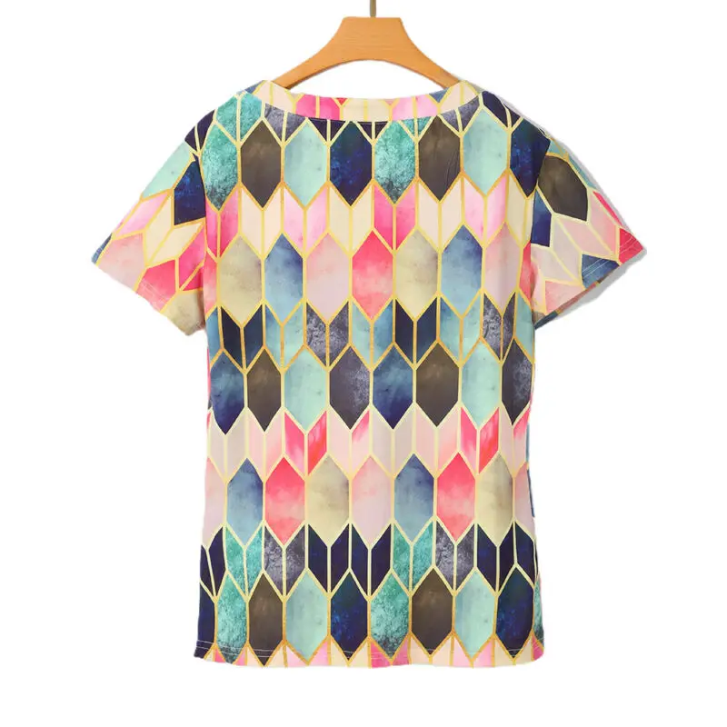 

Women Clothing Summer Fashion Tops Women's V Neck Tops Loose T Shirt Geometric Printed Short Sleeve Casual Woman Tshirts 2021