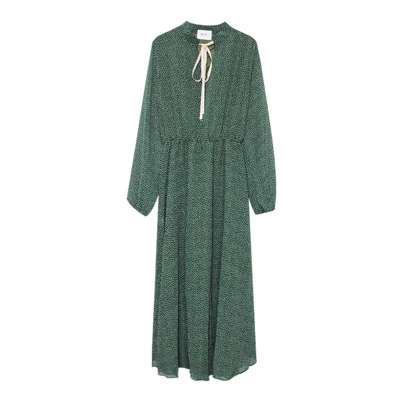 

GOOHOJIO Vintage Lace Up Polka Dot Women Dress Spring Elastic Waist Female Long Dress 2020 Spring Summer A-line Vestidos femme