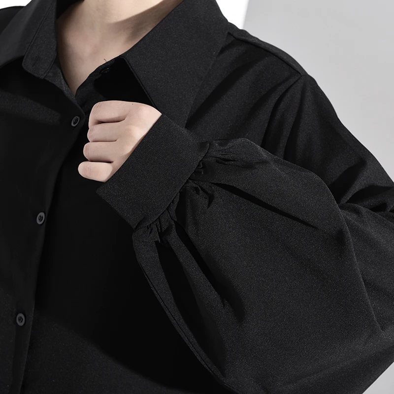 [EAM] Women Black Print Asymmetrical Big Size Shirt Dress New Lapel Long Sleeve Loose Fit Fashion Spring Autumn 1B060