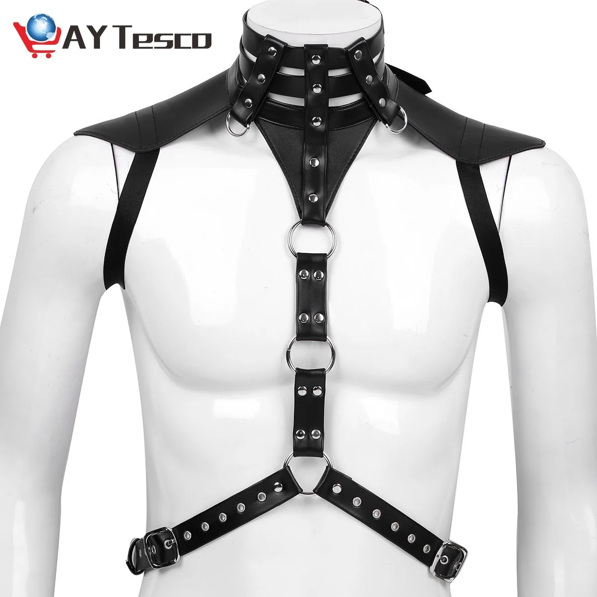 

Lingerie Men Black Faux Leather Harness Belt Metal Rings Male Halter Body Punk Gothic Crop Top Hot Sexy SM Bondage Rave Costume