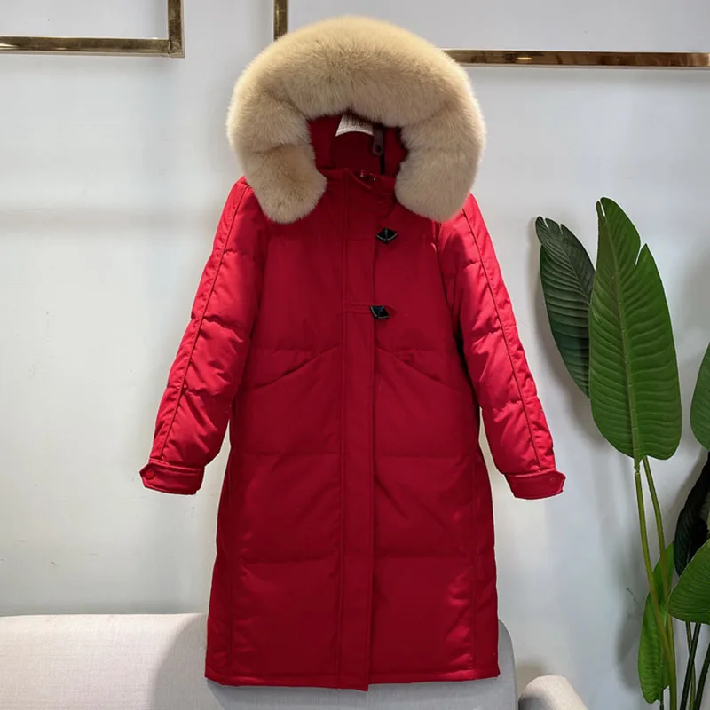 

Женский пуховик с большим меховым воротником, красное пуховое пальто на белом утином пуху, 2021 пух лисы, зима 90%