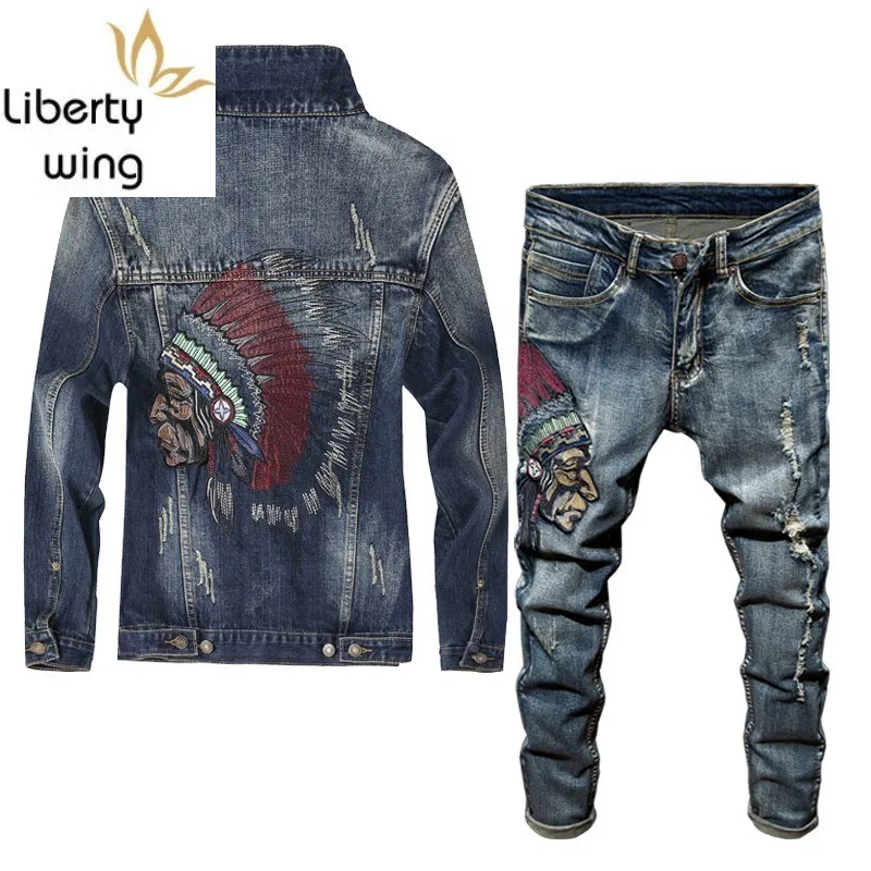 Весенние новые модные мужские комплекты винтажная вышивка в стиле панк с длинным