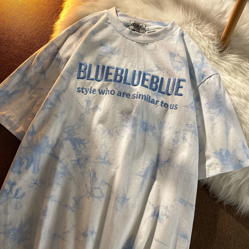 Женские футболки с коротким рукавом вышивкой букв Tie Dye в стиле хип-хоп свободные