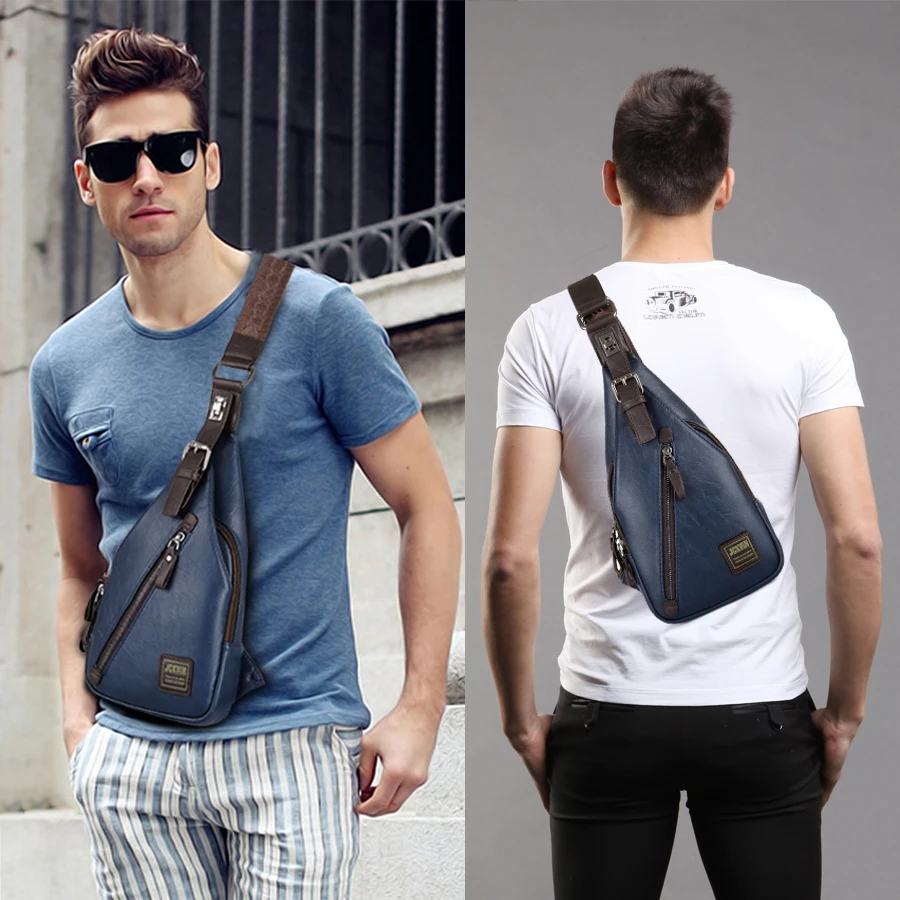 

JackKevin Men's Fashion Crossbody Bag Theftproof Rotatable Button Open Leather Chest Bags Men Shoulder Bags Chest Waist Pack
