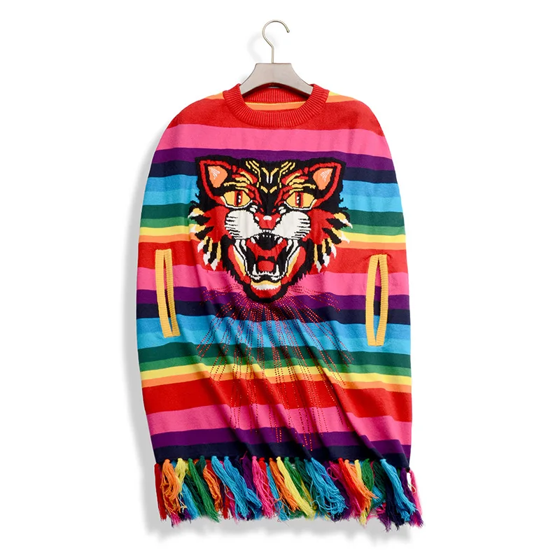 Женское пончо с тигровой головкой трикотажный подиумный пуловер радужными