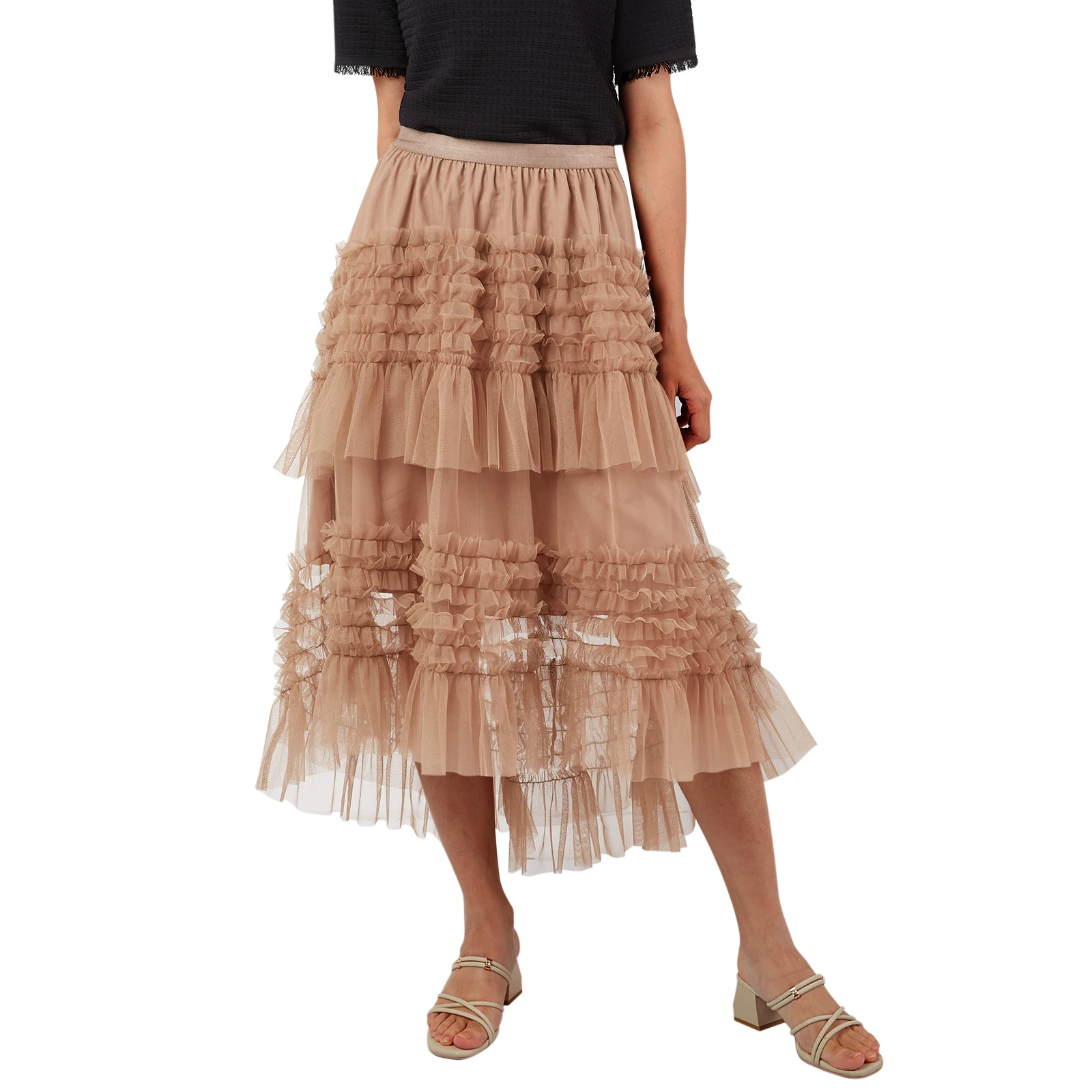 

2021 Summer Women\u2019s Fashion Solid Color A-line Skirt Personality Mesh Yarn Multi-layer Mid-length Skirt