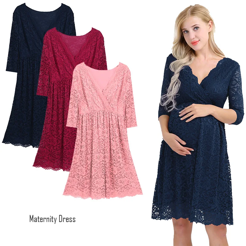 

Платье для беременных женщин с высокой талией кружевной халат с V-образным вырезом длиной до колена Одежда для беременных платье для беременных